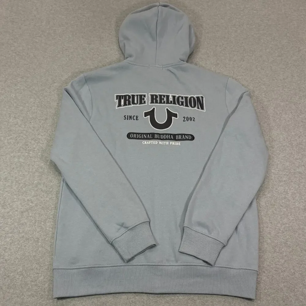 True Religion Men's OBB Full Zip Hoodie Dusty Blue Fleece Sweatshirt Large L NWT